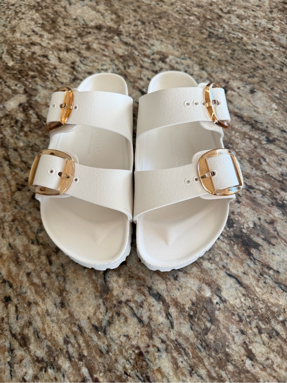 Birkenstock White Sandals with Gold Buckles